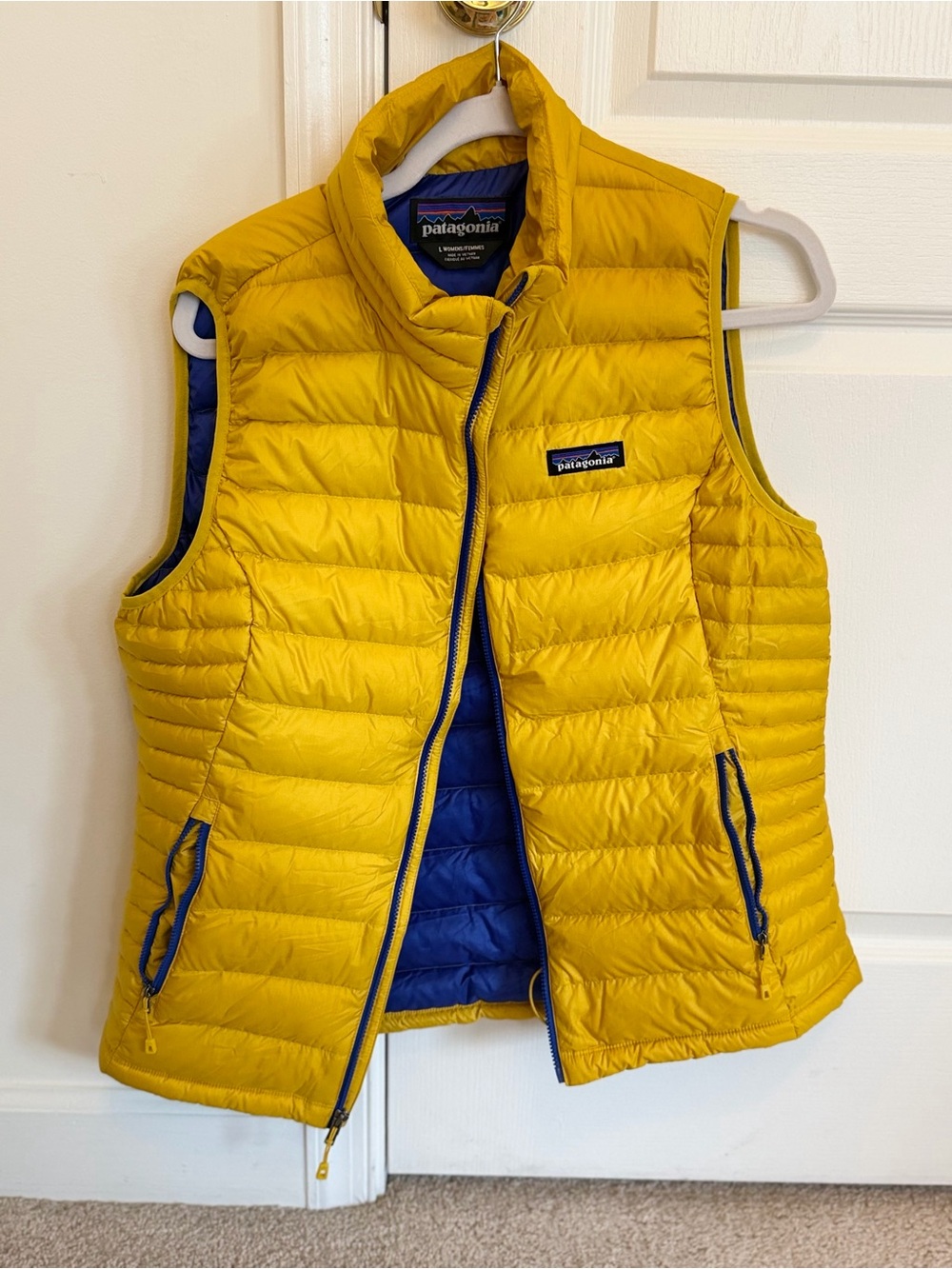 Patagonia Yellow Puffer Vest with Blue Lining